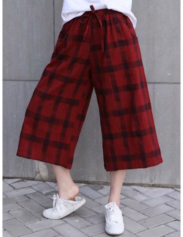 Plaid Drawstring Wide Leg Vintage Pants