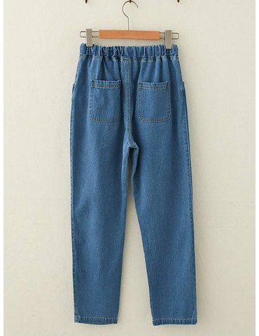 Cute Embroidery Elastic Waist Drawstring Denim Pants