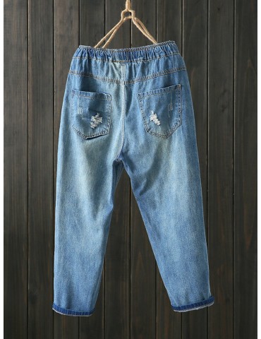 Vintage Letter Patch Drawstring Elastic Waist Denim Pants