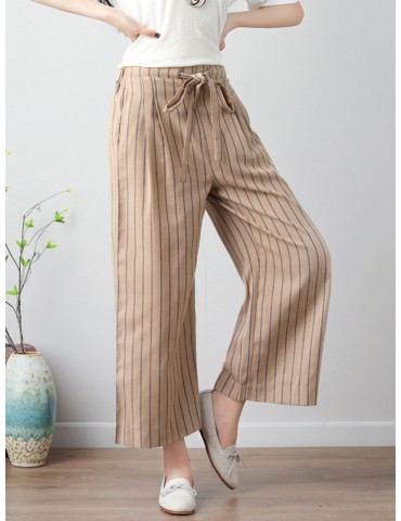 Stripe Wide Leg Drawstring Waist Casual Pants