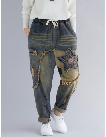 Embroidery Patchwork Elastic Waist Harem Denim