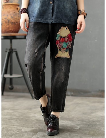 Fish Patch Loose Elastic Waist Vintage Harem Denim