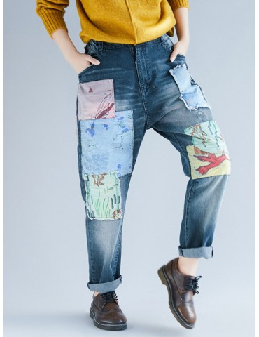 Vintage Loose Patch Ripped  High Waist Casual Denim