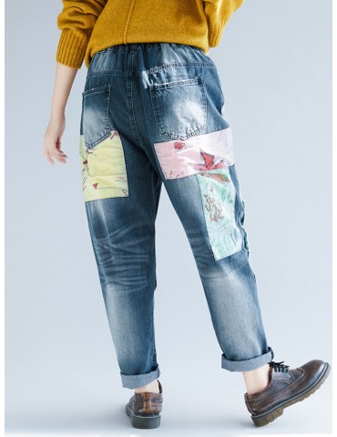 Vintage Loose Patch Ripped  High Waist Casual Denim