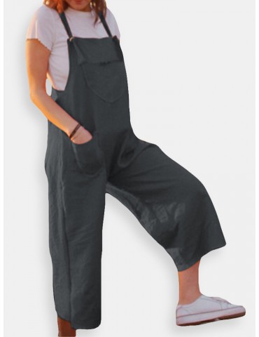 Wide Leg Pockets Solid Color Straps Jumpsuit