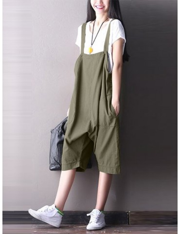 Strappy Solid Color Wide Legs Pockets Jumpsuit