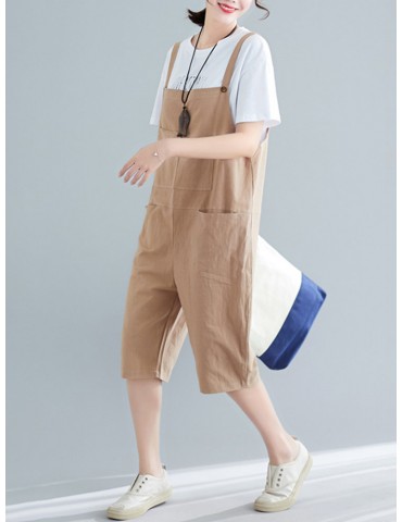 Solid Color Overall Casual Cropped Romper For Women