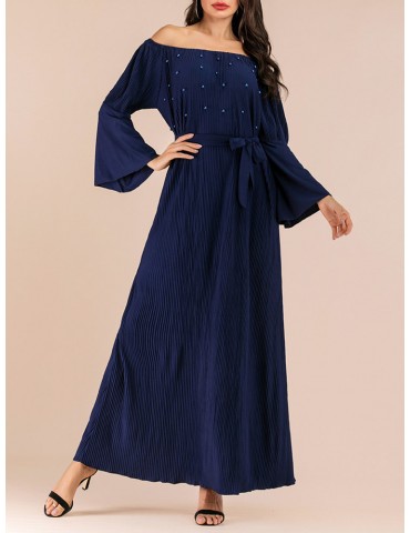 Chic Trumpet Sleeve Slash Neck Maxi Dress with belt