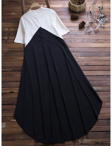 Patchwork Stand Collar Short Sleeve Asymmetrical Maxi Dress