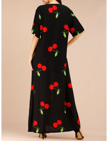 Vintage Print Cherry V-neck Overhead Maxi Dress