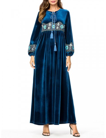 Velvet Embroidery Long Sleeve Navy Muslim Long Dress