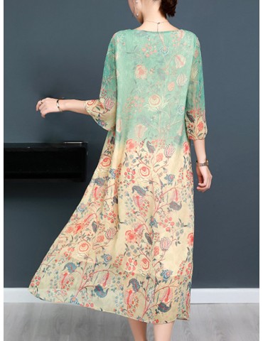 Layered 3/4 Sleeve Floral Print Vintage Mid-long Dresses