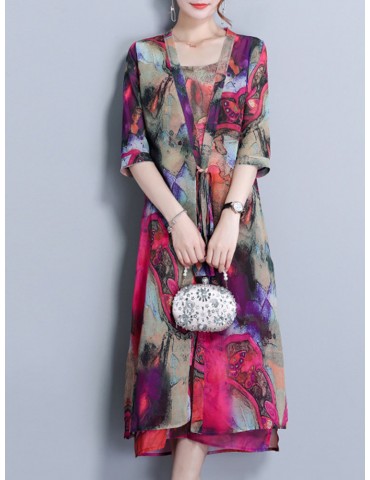 Elegant Print Spaghetti Strap Two Pieces Vintage Dresses