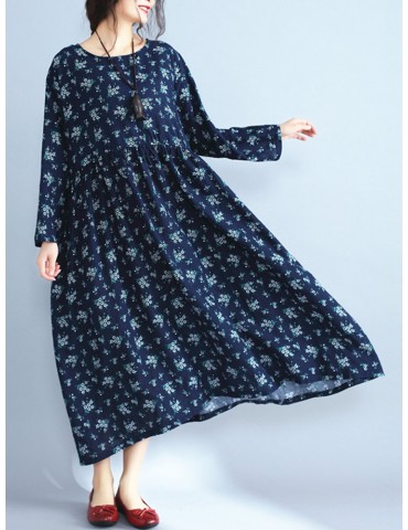 Vintage Casual Women Long Sleeve O-Neck Floral Print Dresses